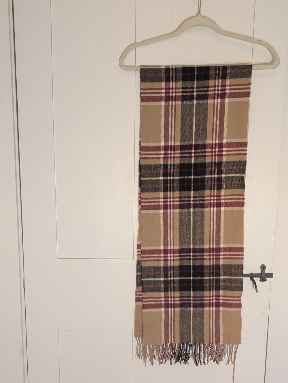 Cashmere Scarf Plaid Fringe Tan, Black Burgundy Germany Soft Vintage 12" x 70"